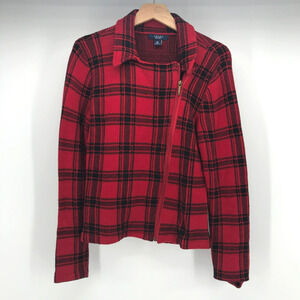 Ralph Lauren Chaps Sweater Womens Medium Red Black Plaid Moto Zip Front